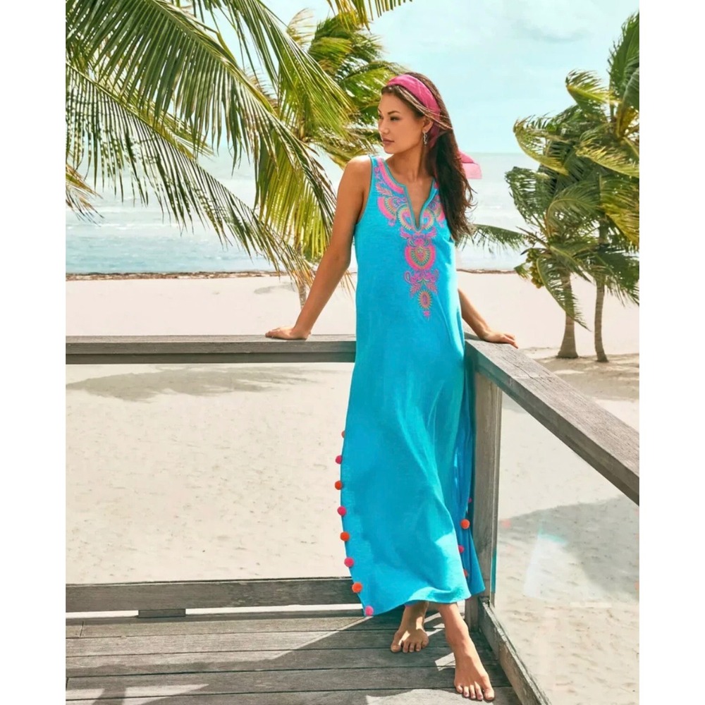 Lilly Pulitzer Blue Embroidered Pom Pom Maxi Dress Sleeveless Cover Up Small